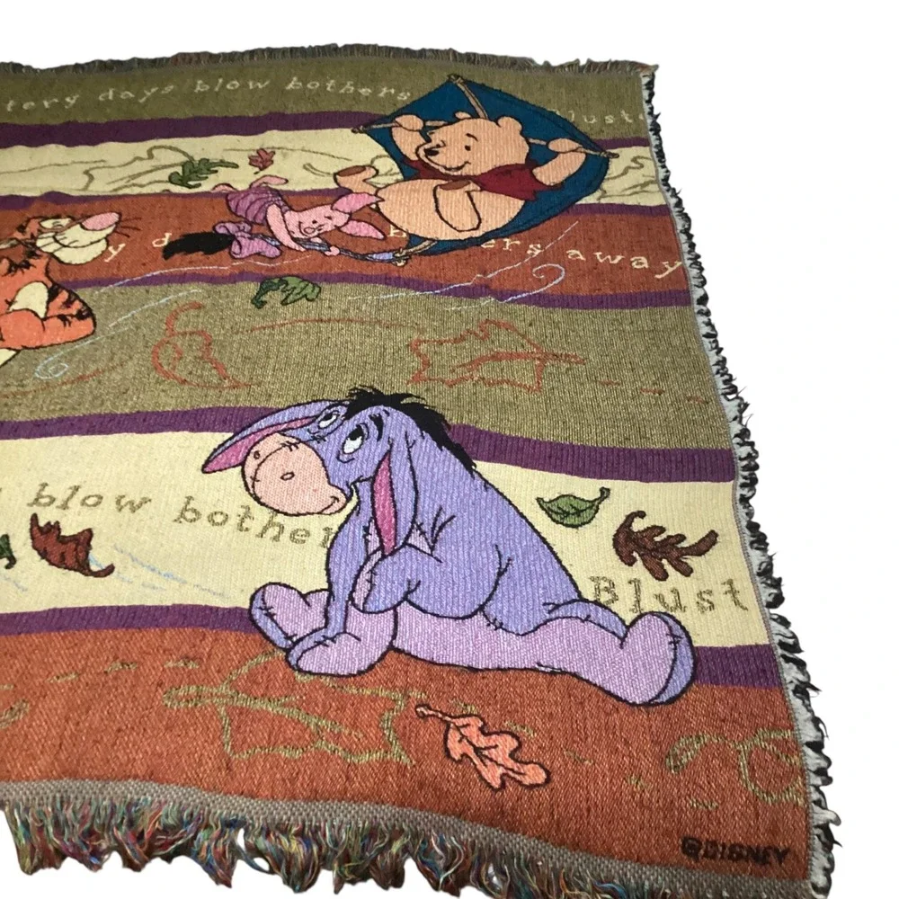 Vintage Disney Winnie the Pooh Blustery Day Woven Tapestry Throw Blanket 52x46
